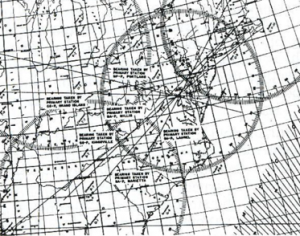 Plot of bearings taken by RID monitoring stations showing the location of a clandestine transmitter in Washington, DC on December 9, 1941, two days after Pearl Harbor.