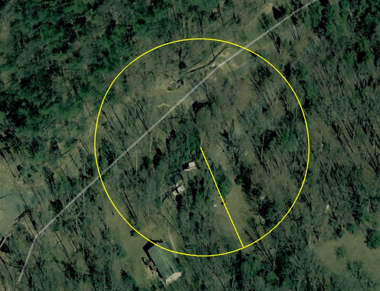 a pre-shack 2006 satellite image showing an approximate 134ft radius from the exact tree that got hit