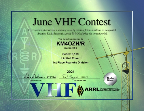 Gil, KM4OZH June 2021 VHF Contest Award