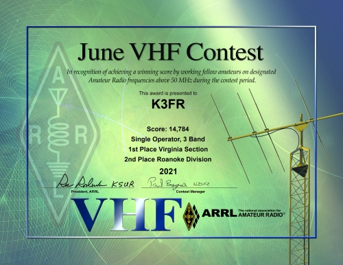 Ron, K3FR June 2021 VHF Contest Award