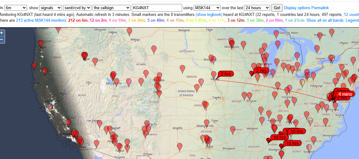 Pskreporter showing KG4NXT meteor scatter heard in Iowa, Illinios and Alabama.