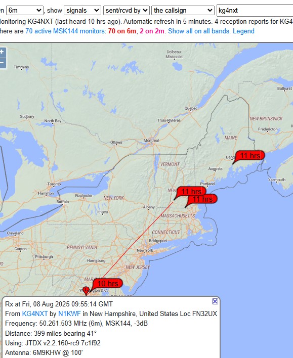 Pskreporter shows KG4NXT heard in Maine, New Hampshire and Massachusetts