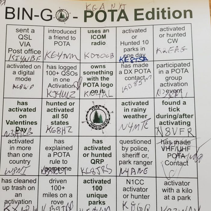 POTA Bingo card of John KG4NXT